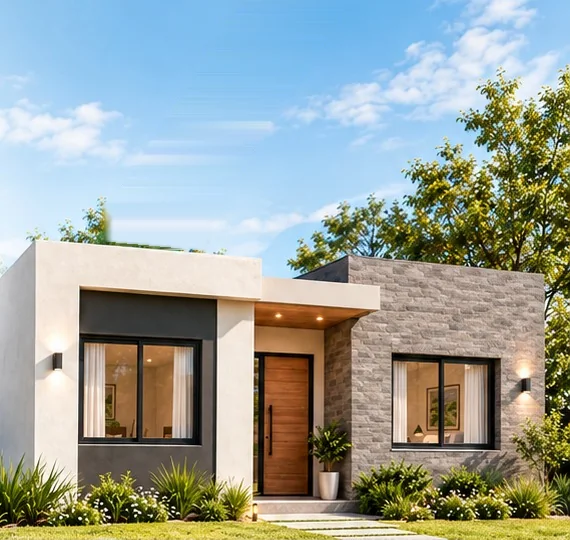 Frente del modelo de 56 m²: casa de una planta con revoque claro, frente de piedra y puerta de madera