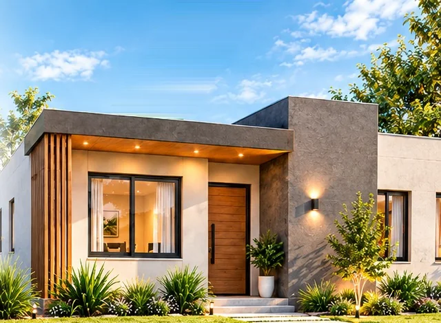 Frente del modelo de 81 m²: casa de una planta con parasoles de madera, galería y puerta de madera