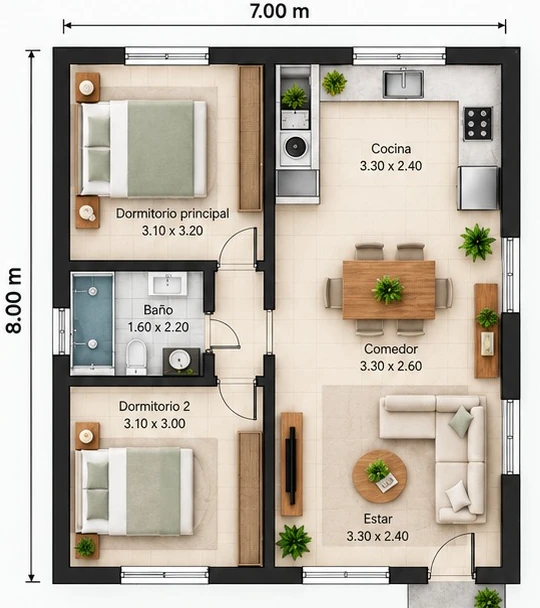 Plano del modelo de 56 m²: dos dormitorios, baño, cocina, comedor y estar