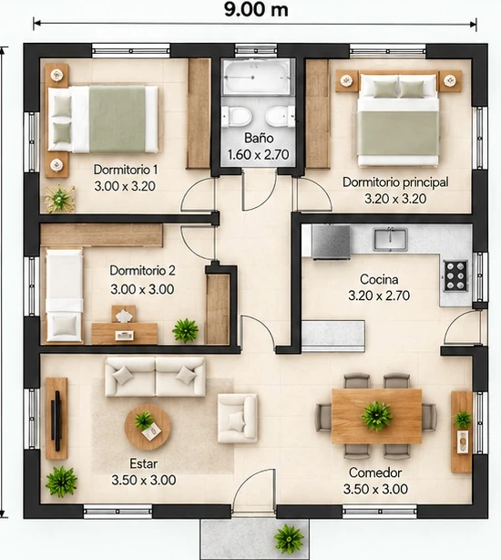 Plano del modelo de 81 m²: tres dormitorios, baño, cocina independiente, estar y comedor